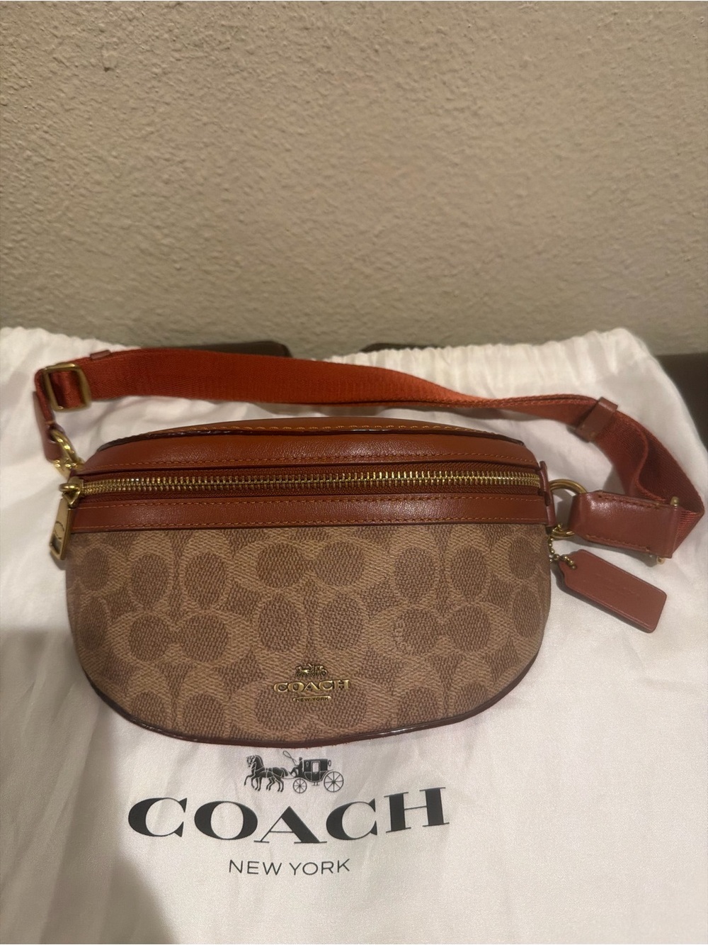 Coach Brown Signature Canvas Crossbody Belt Bag with Tan Leather Trim
